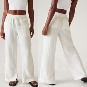 Athleta Size 14 Retreat Wide Leg Linen Trousers White Lightweight Pockets NEW